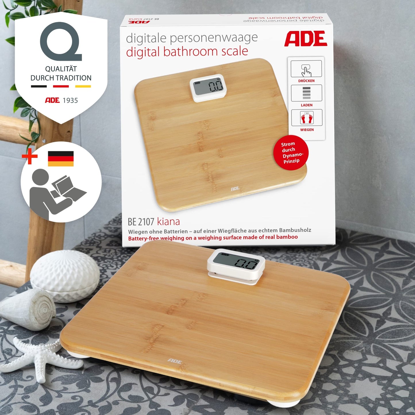 ADE Digital Body Scale without Battery | Environmentally friendly dynamo drive | Precise weighing results in 100 g increments | Weighing surface made of real bamboo wood | up to 150 kg