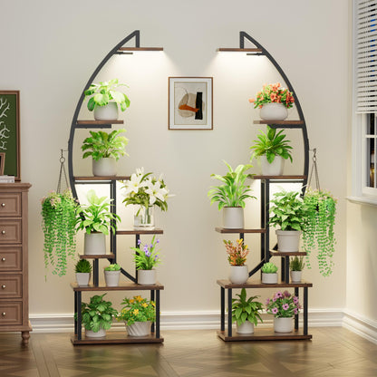 BACEKOLL Plant Stand with Grow Light - 7 Tier Flower Stand 165cm Metal Wood Plant Shelf - Indoor & Outdoor Flower Ladder - Decorative Black Plant Stand for Interior Garden Balcony 2 PACK