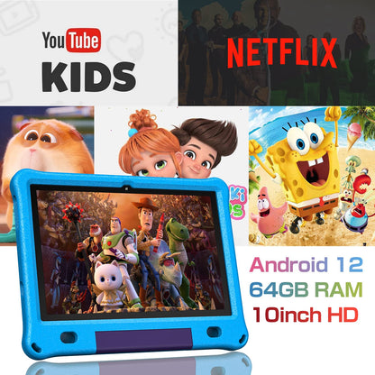 VASOUN Android 12 tablet for kids, 10-inch IPS HD big screen, 3GB+64GB, pre-installed kids software IWAWa, control learning game education apps, with kid-proof case (Blue)
