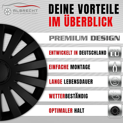 Albrecht 17 inch wheel covers in matte black for steel rims - Wind hubcaps made of high-quality plastic - Durable wheel covers in original Albrecht packaging - Made in EU