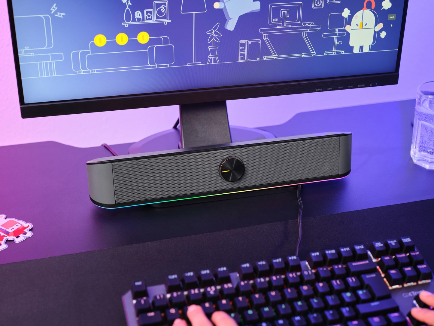 Trust Gaming GXT 1619 Rhox PC Soundbar with RGB lighting 12W (6W RMS), stereo computer speakers, USB-powered, 3.5mm AUX connection, small PC speakers for desktop, TV, laptop - Gray