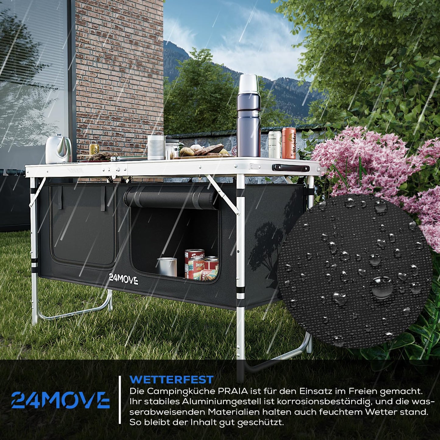 24MOVE® Camping Kitchen Praia, foldable and adjustable camping cupboard made of aluminum with worktop and storage compartments, suitable for outdoor camping, portable.