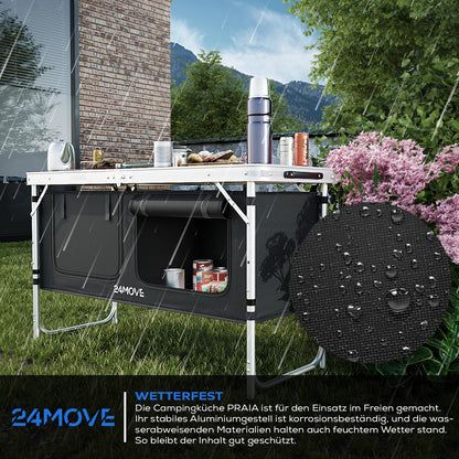 24MOVE® Camping Kitchen Praia, foldable and adjustable camping cupboard made of aluminum with worktop and storage compartments, suitable for outdoor camping, portable.