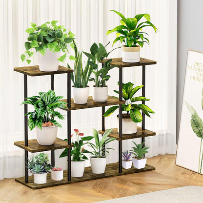 YOCOMEY Wooden Flower Shelf Plant Stand, Multi-Tier Flower Stand Plant Stand Flower Step Plant Step Standing Shelf for Indoor Garden Balcony Decoration (4 Tier 10 Pots, Black), (US-YO20230722-011)