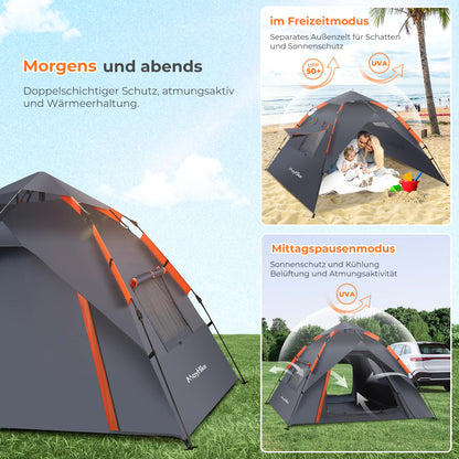 Pop-up camping tent for 2-4 people | 100% waterproof & wind-resistant family tent | 230x230x135 cm + 2 doors with ventilation mesh | Perfect for campsites & summer festivals | Includes tent bag