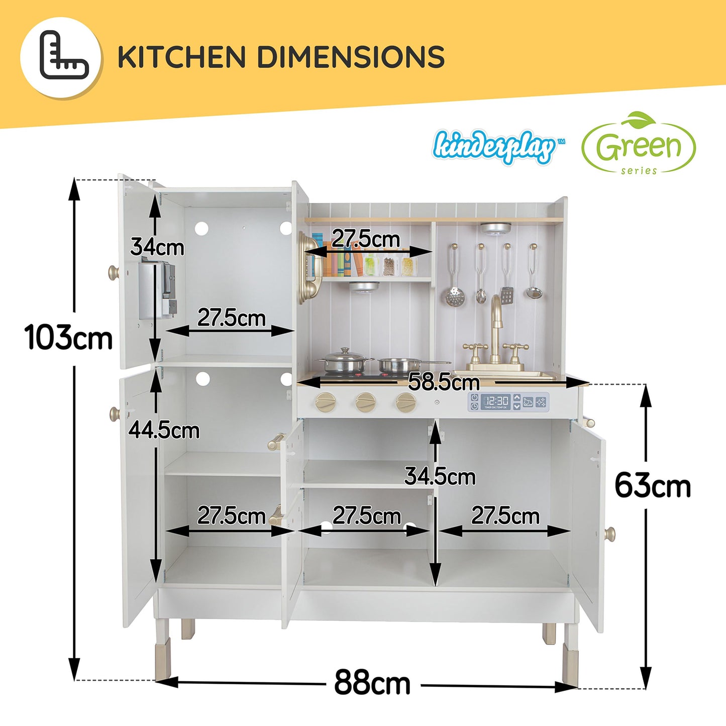 Children's Play Green Series wooden kitchen - Adjustable height play kitchen 89-103 cm - LED light & cooking sounds - With accessories, water dispenser, oven - For children aged 3 years and above