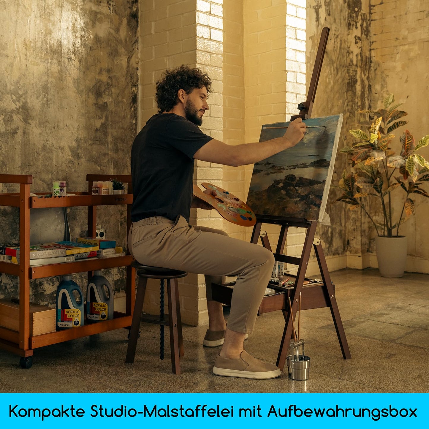 MEEDEN wood easel with storage drawer, adjustable canvas stand made of German beechwood, ideal for artists and adults, holds canvases up to 91cm.