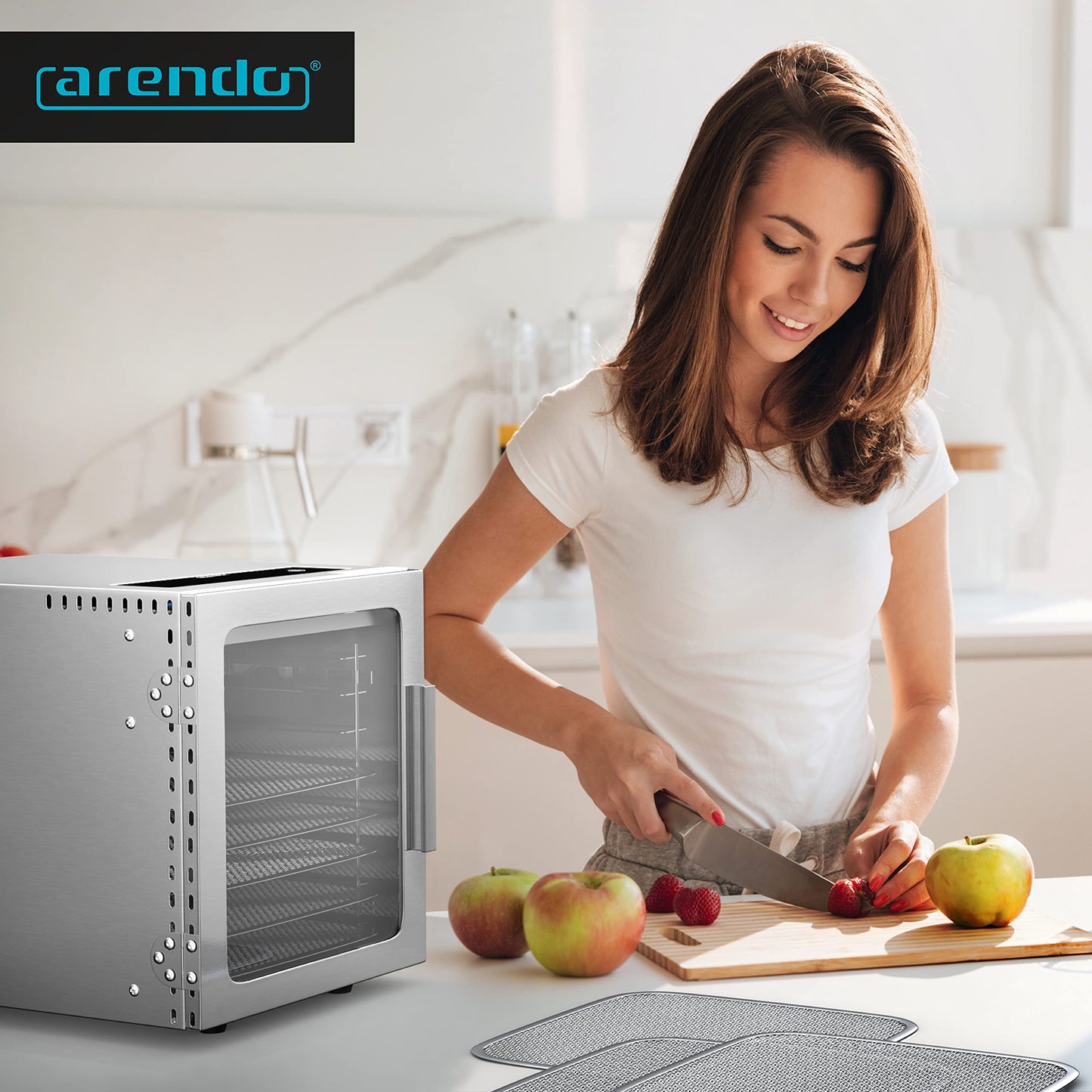 Arendo - Stainless steel food dehydrator 8 shelves - 500 watts with temperature control - Dehydrator for food, meat, fruits, vegetables, mushrooms - Timer up to 24 h - 8 trays - GS certified - Dehydrator