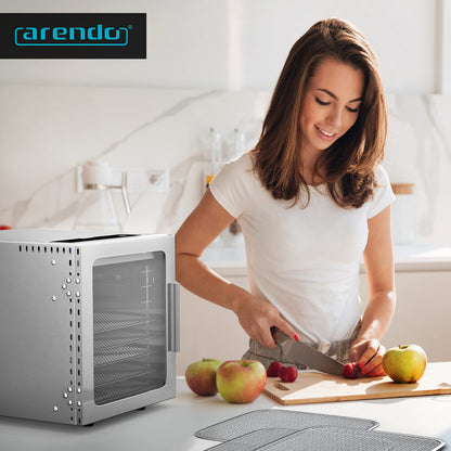Arendo - Stainless steel food dehydrator 8 shelves - 500 watts with temperature control - Dehydrator for food, meat, fruits, vegetables, mushrooms - Timer up to 24 h - 8 trays - GS certified - Dehydrator
