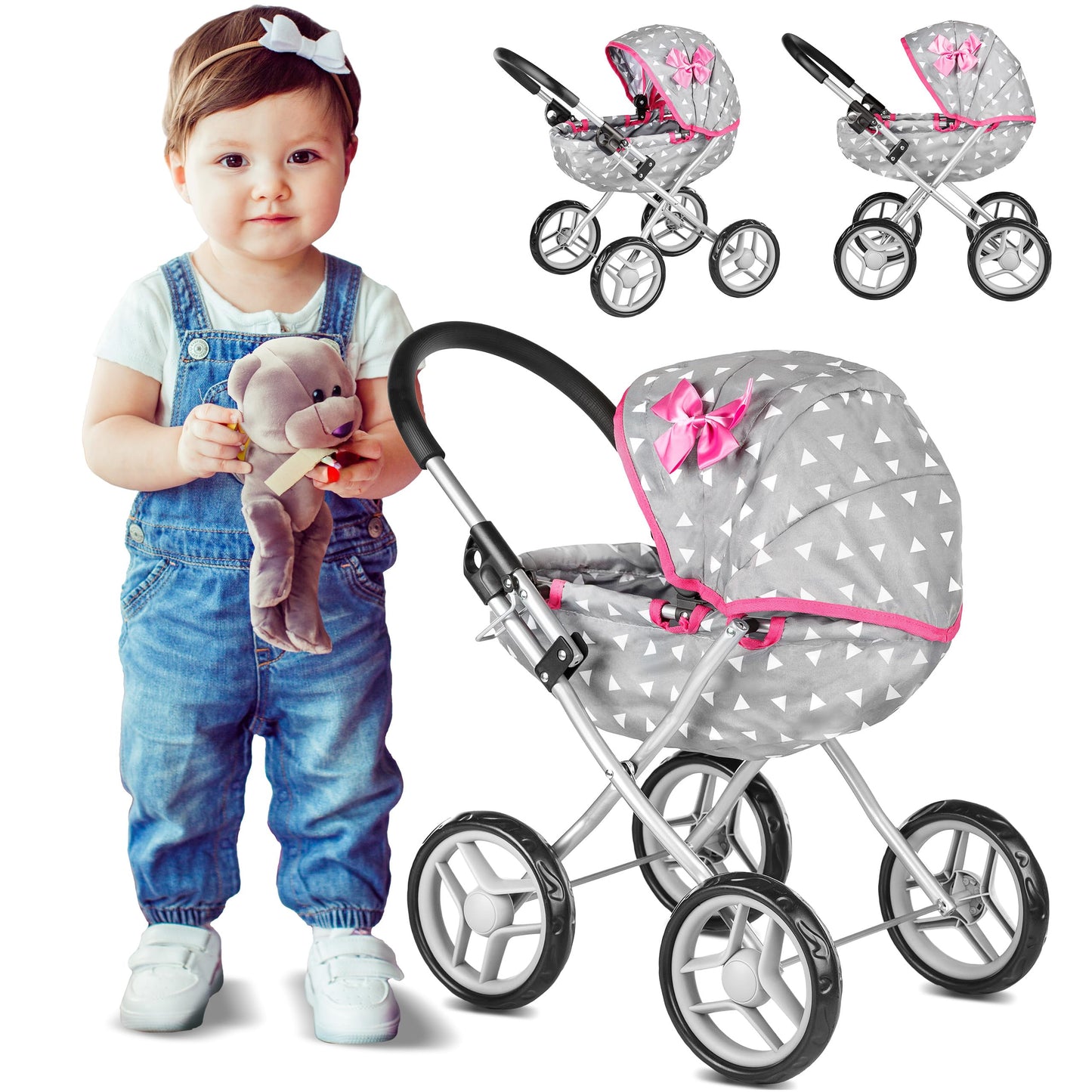 Children's play doll's pram - Lightweight & sturdy with aluminum frame - For dolls up to 40 cm, Indoors & Outdoors - Foldable with canopy & basket, Handle height 54 cm - Gray