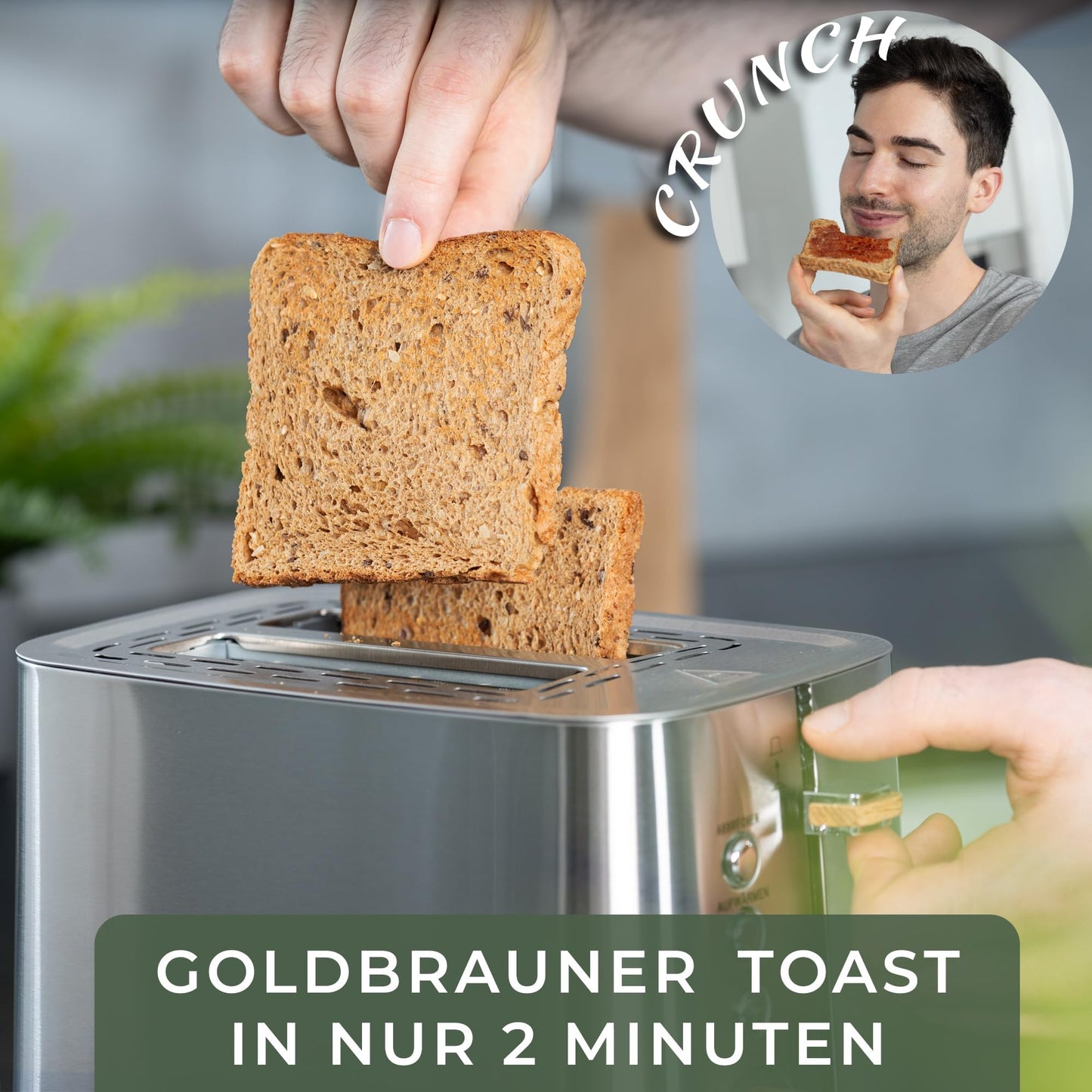 FORESTWORK Design Toaster - made of 304 stainless steel and oak wood - for 2 slices - with bun warming rack - with extra wide and deep toast slots - with crumb tray