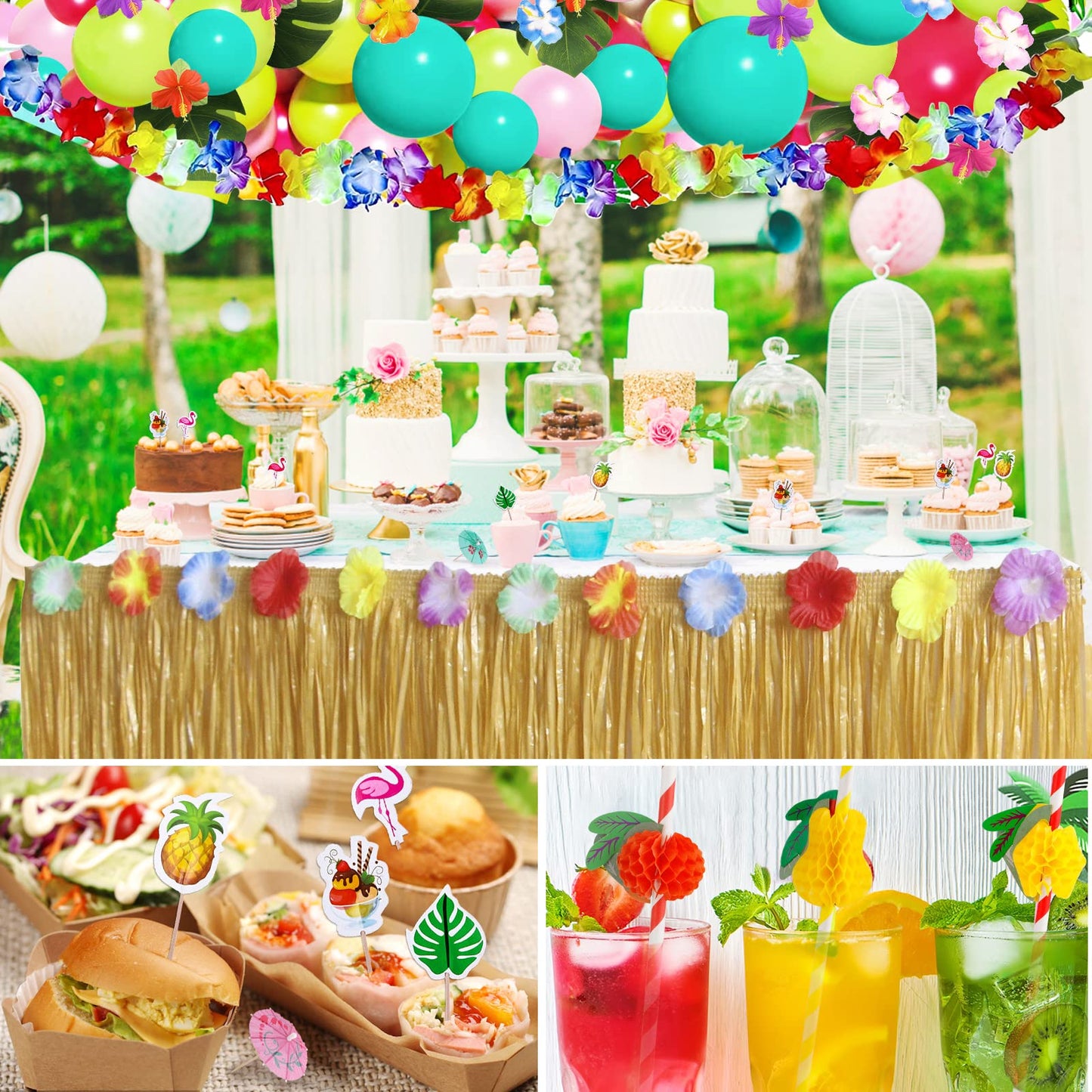Frasheng 159 Piece Hawaii Party Decoration Set, Hawaii Luau Table Skirts, Hawaiian Party, Hawaii Decor, Hawaii Lei Flower Cake Toppers Paper Straws and 3D Fruit for Summer Party Decoration.