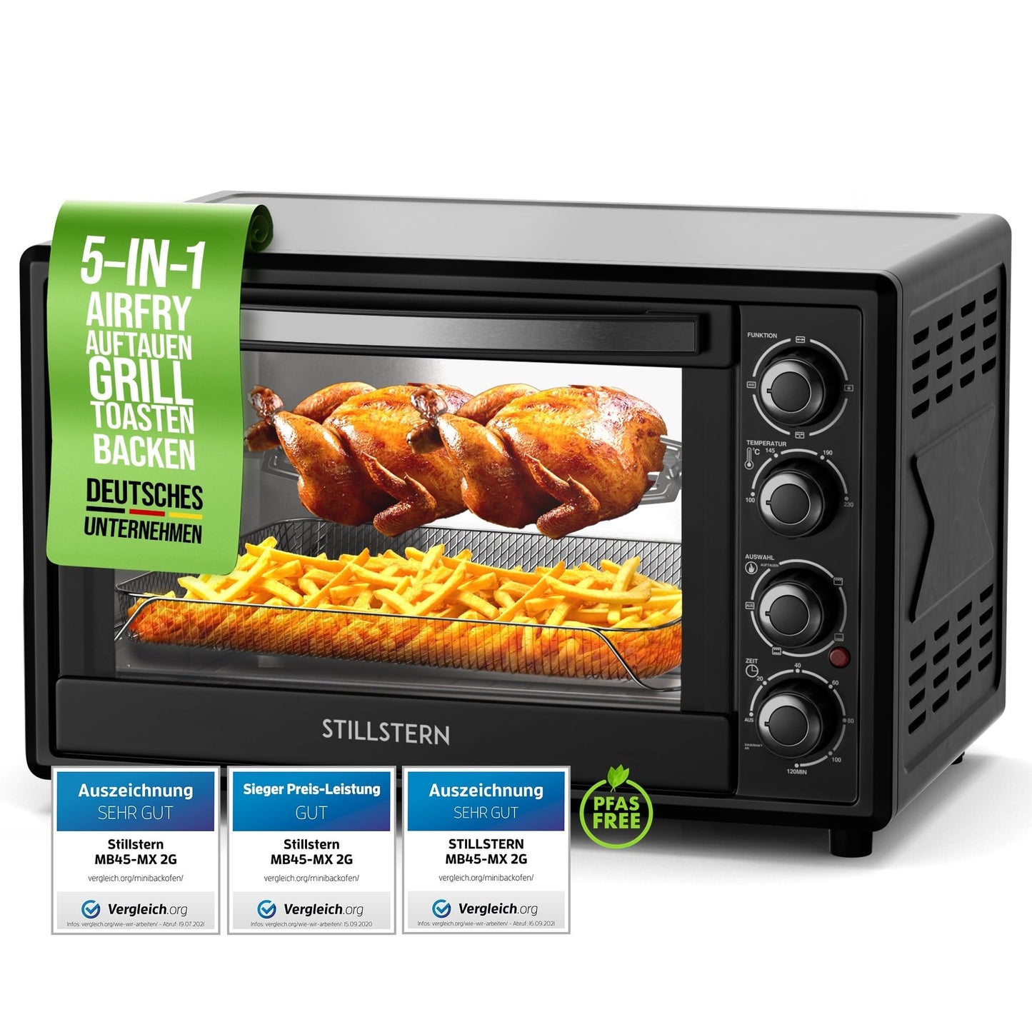 Stillstern Mini Convection Oven 45L (DE Version) Pizza Ø32, CYCLONE PRO+ non-stick coating, Defrost function, 2h timer, Camping Mini Convection Oven Pizza Oven Mini Oven small Rotisserie Chicken Grill with spit