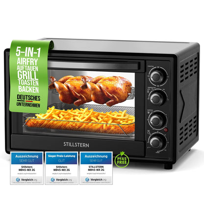 Stillstern Mini Convection Oven 45L (DE Version) Pizza Ø32, CYCLONE PRO+ non-stick coating, Defrost function, 2h timer, Camping Mini Convection Oven Pizza Oven Mini Oven small Rotisserie Chicken Grill with spit