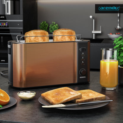 Arendo - Stainless Steel Long Slot 4-Slice Toaster - Defrost Function - Heat-insulating housing - with integrated roll attachment - 1500W - Crumb tray - Display with remaining time display - Copper