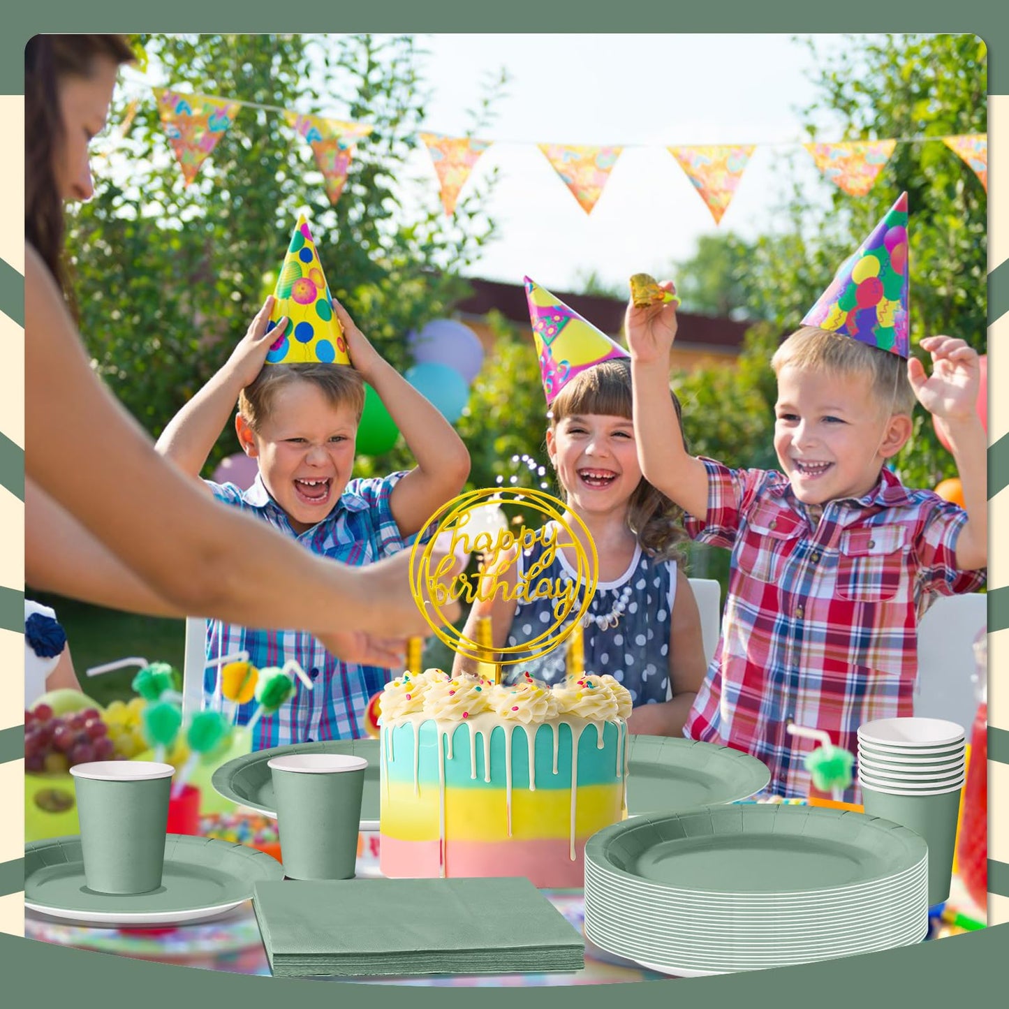 Nkaiso Grass Green Party Tableware, 96 Piece Colorful Paper Plates, Party Paper Plates Cups Napkins Party Plates Party Set Sweet Party, for celebrations like birthdays.