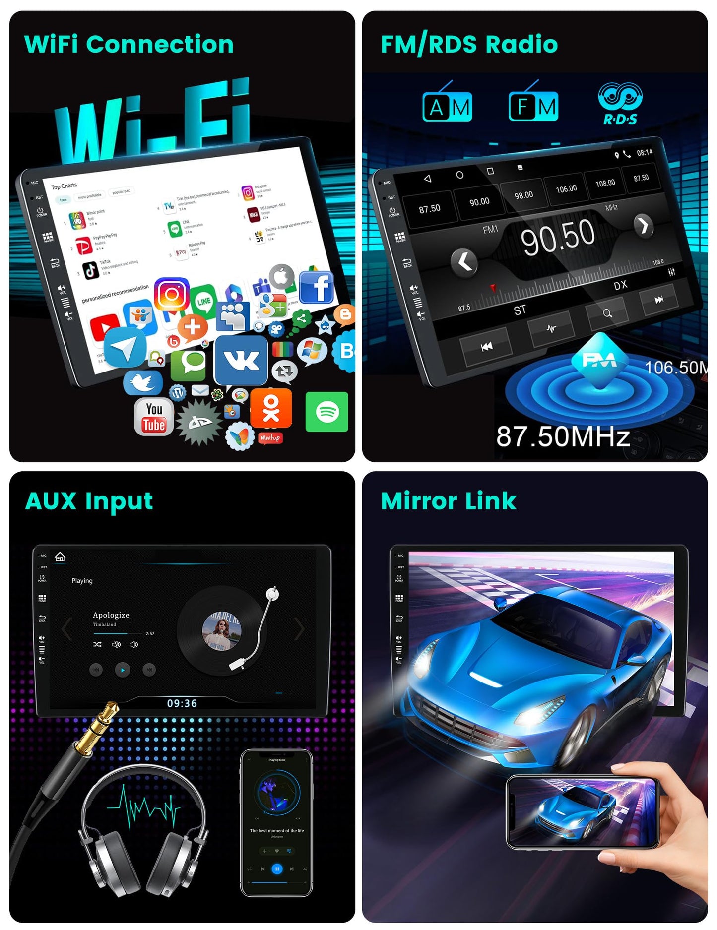 Android 14 car radio fits Hyundai i20 2010-2014 - 9 inch with GPS navigation - supports DAB/USB/Carplay/WiFi/4G/MirrorLink/SWC/AUX/Bluetooth/FM/RDS.