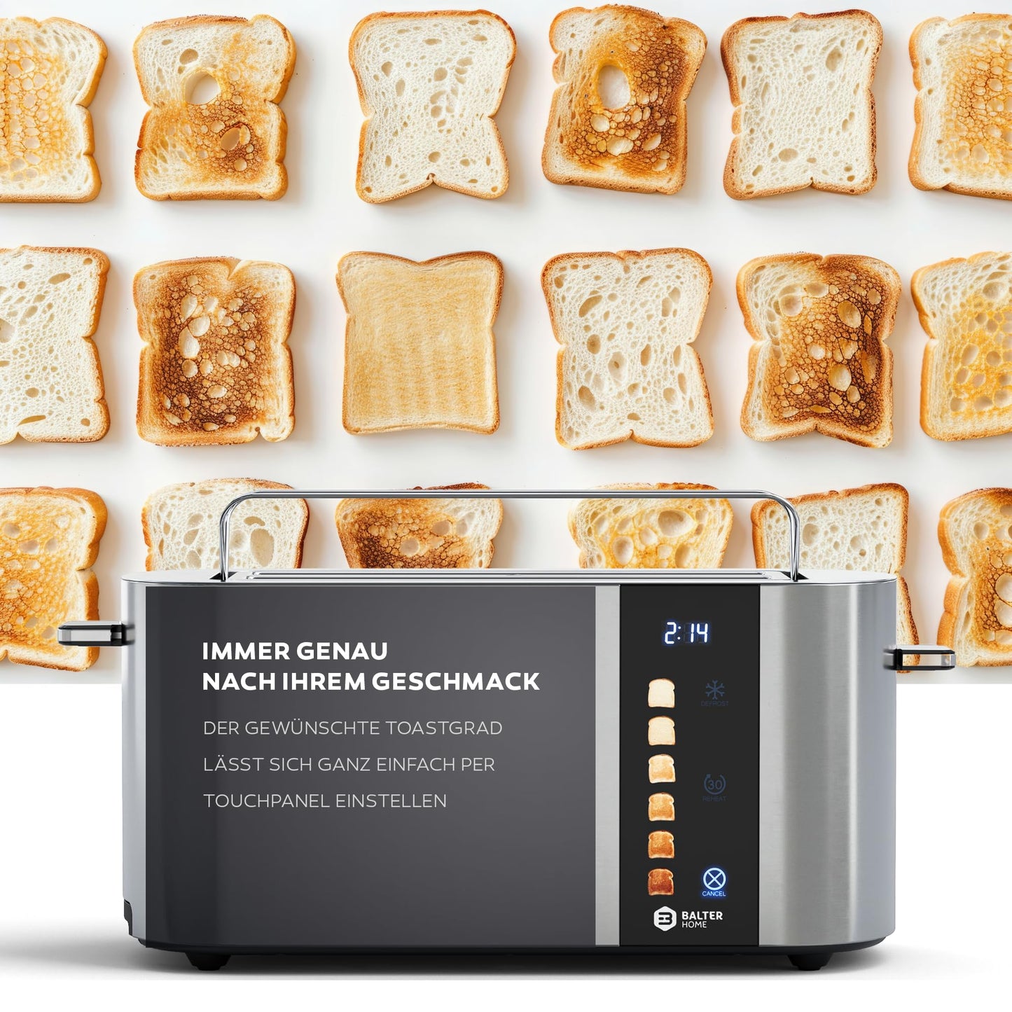 Balter 4-Slice Toaster, Touch Control, Long Slot, Stainless Steel, Bun Warmer, LCD Display, Defrost Function, Bread Centering, TS-34