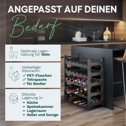 Novaliv Modular Bottle Rack for 72 wine bottles - plastic wine rack stackable, black, recycled, expandable, sturdy - perfect for wine storage in cellar, restaurants & home, beverage cabinet