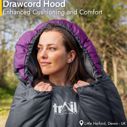 Alpine trail sleeping bag with hood - 250g bag, 3-season sleeping bag. Lightweight, compact - with hood and compression sack (Purple)