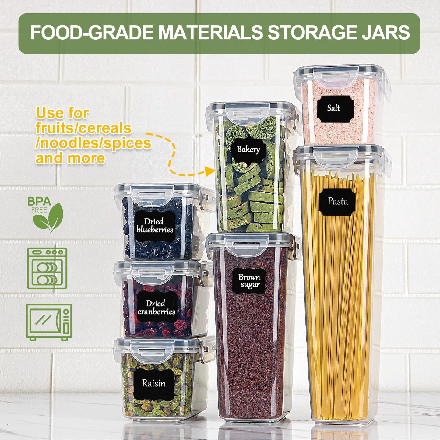 Airtight food storage containers set of 8 with lids, BPA free, total capacity 14L, kitchen storage boxes, moth-proof kitchen organizers for cereal, granola, flour, with labels.