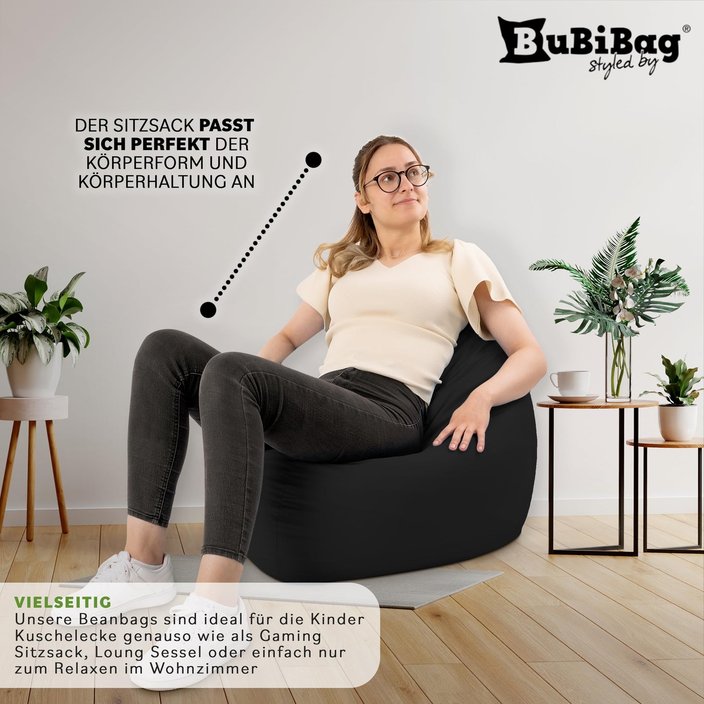 BuBiBag Premium 2-in-1 bean bag with filling for kids & adults | for outdoor & indoor use | seat cushion floor pillow | play & relax | water and dirt repellent (Black, 100 cm)