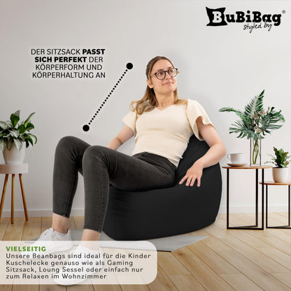 BuBiBag Premium 2-in-1 bean bag with filling for kids & adults | for outdoor & indoor use | seat cushion floor pillow | play & relax | water and dirt repellent (Black, 100 cm)