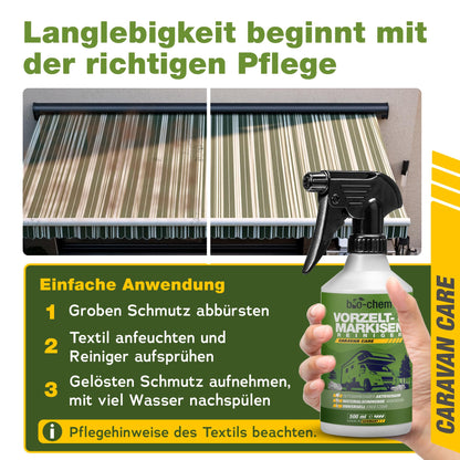 Bio-chem awning and awning cleaner - efficient special cleaner with deep action - ideal for awning, tent, sail, tarpaulin, gazebo, parasol - 3x 500 ml - Made in Germany