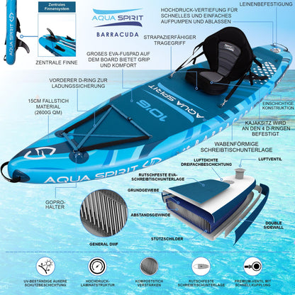 Aqua Spirit SUP Inflatable Stand-Up Paddle Board 2024 | 320x81x15cm | Complete Kayak Conversion Kit with Paddle, Backpack, Pump, and more accessories | Adult Beginners/Experts | 2-year warranty