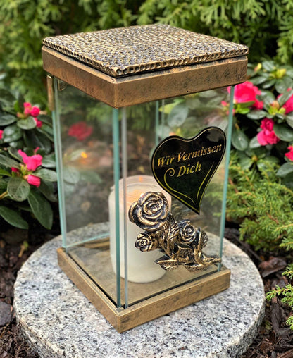 Garden Paradise Handmade Grave Lamp with Door - New model with inscription 'We miss you' Grave light candle Grave decoration Grave ornament 24 cm H. incl. grave candle, Black Gold