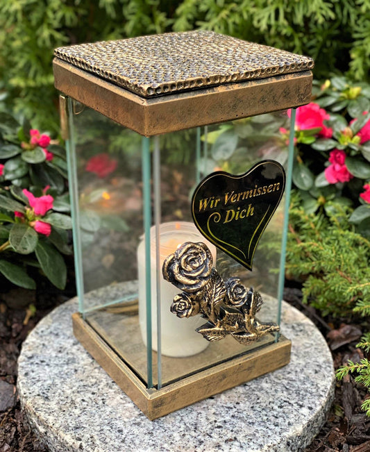 Garden Paradise Handmade Grave Lamp with Door - New model with inscription 'We miss you' Grave light candle Grave decoration Grave ornament 24 cm H. incl. grave candle, Black Gold