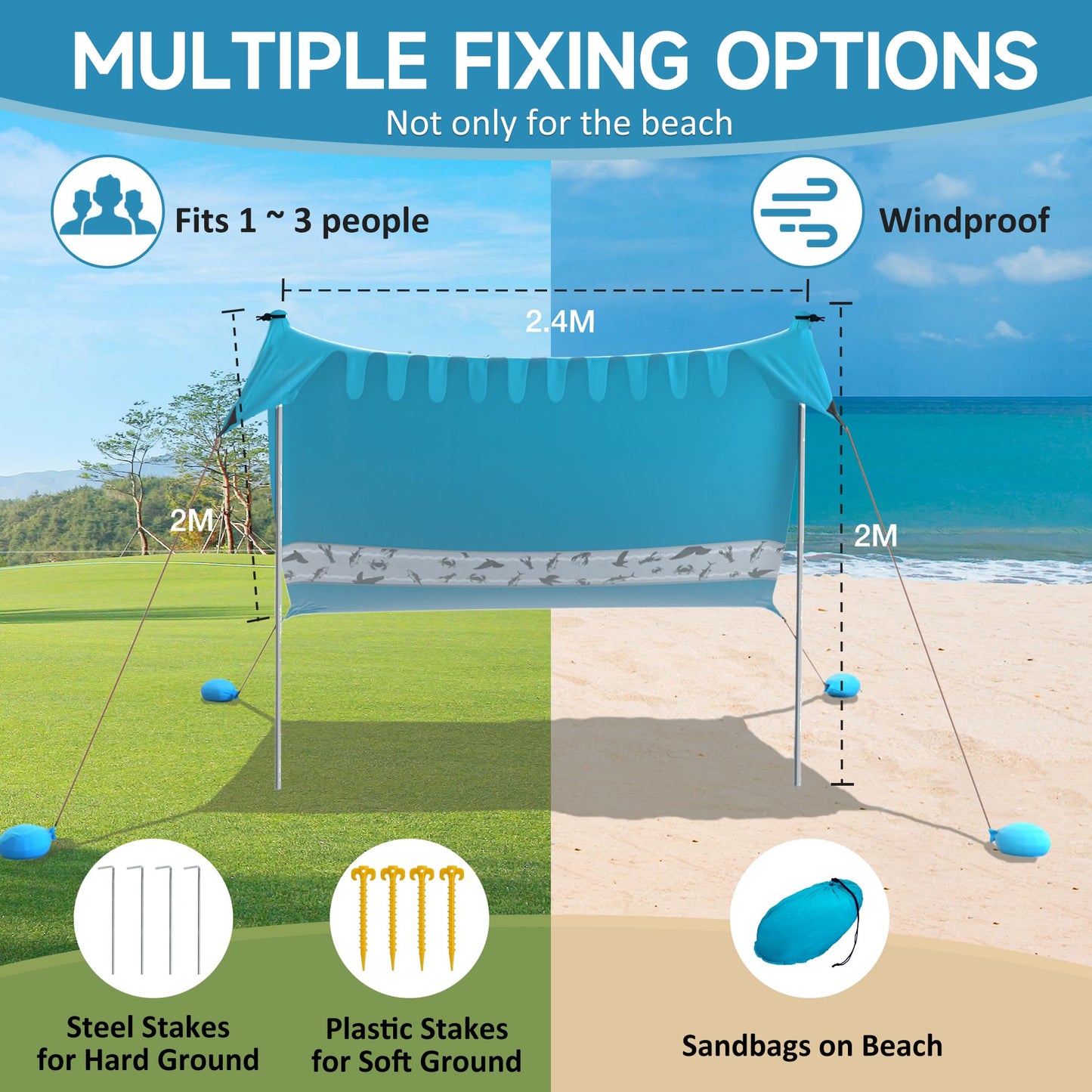 VILLEY sun tent 2m x 2.4m Blue, UPF50+ UV protection Lycra beach tent for 3 people, beach umbrella with sandbag and 2 support poles for picnic, fishing, sun protection.