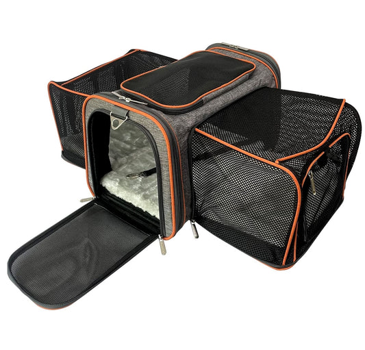 Mr. Peanut's Double Expandable Pet Carrier, airline approved, soft-sided, Diamond Series, self-locking zippers, plush fleece bedding