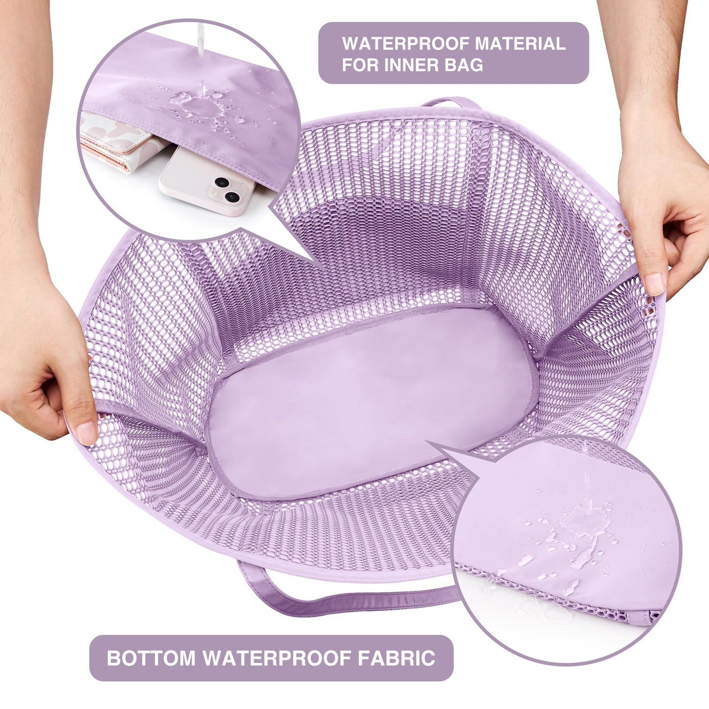 KALIDI FANCY FOREST Foldable Mesh Beach Bag XXL Family, Large Beach Bag Bath Bag Shopper Bag Women for Vacation Sauna Sport, Purple