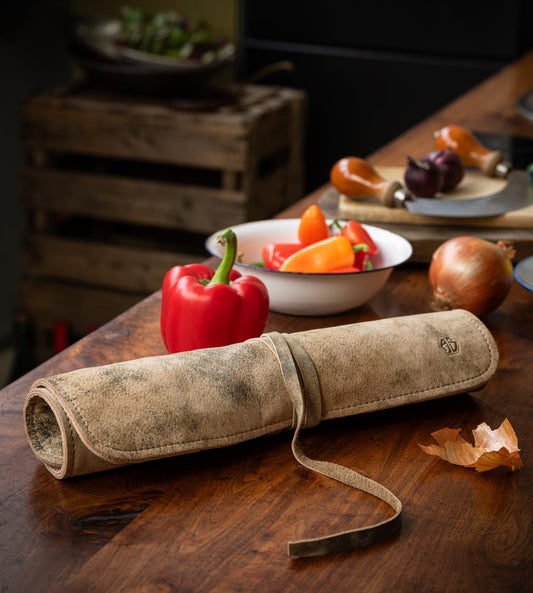 Angus Stoke knife bag Chef knives - Premium Leather Chef knife roll large - Knife bag for chefs - Chef bag Noah (Beige-Antique)