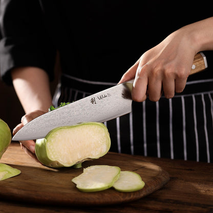 Wakoli Oribu Kiritsuke Knife 20 cm - Kitchen knife made of 67 layers - Damascus knife with VG10 core, extra sharp, olive wood handle, versatile for meat, fish, vegetables, gift box, full tang knife sharp