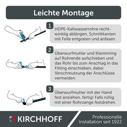 Kirchhoff Fitting Connection Angle 90° | Plastic | 25 x 25 mm | for HDPE pipe | 3 pieces in a set | Various sizes | DVGW certified | Drinking water quality | Made in EU, Black, 25 mm, 984845217-3