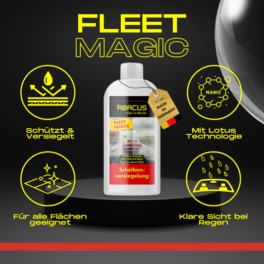 ABACUS® Fleet Magic® glass sealant for cars ensures clear visibility with its rain-repellent Lotus Effect. This nanocoating for glass offers protection against water and dirt, allowing for a crystal-clear view. Available in a pack of 2X 250 ml (7101).