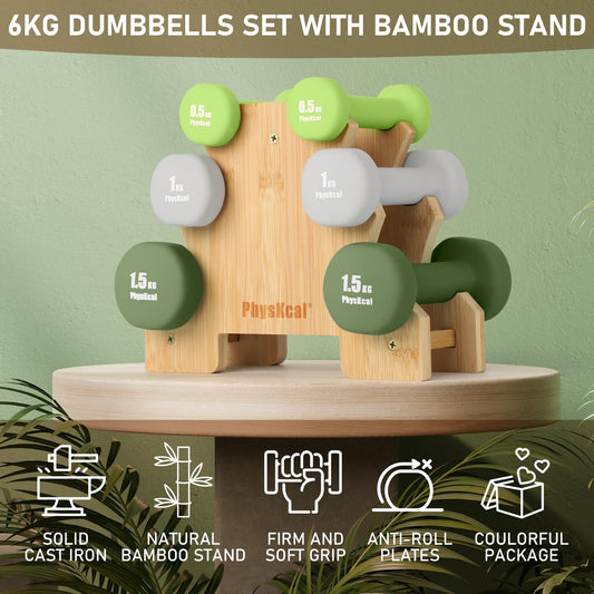 PhysKcal dumbbells 6-piece set with bamboo stand | 2 x 0.5kg, 2 x 1kg, 2 x 1.5kg dumbbell set for strength training | Dumbbells for women & children