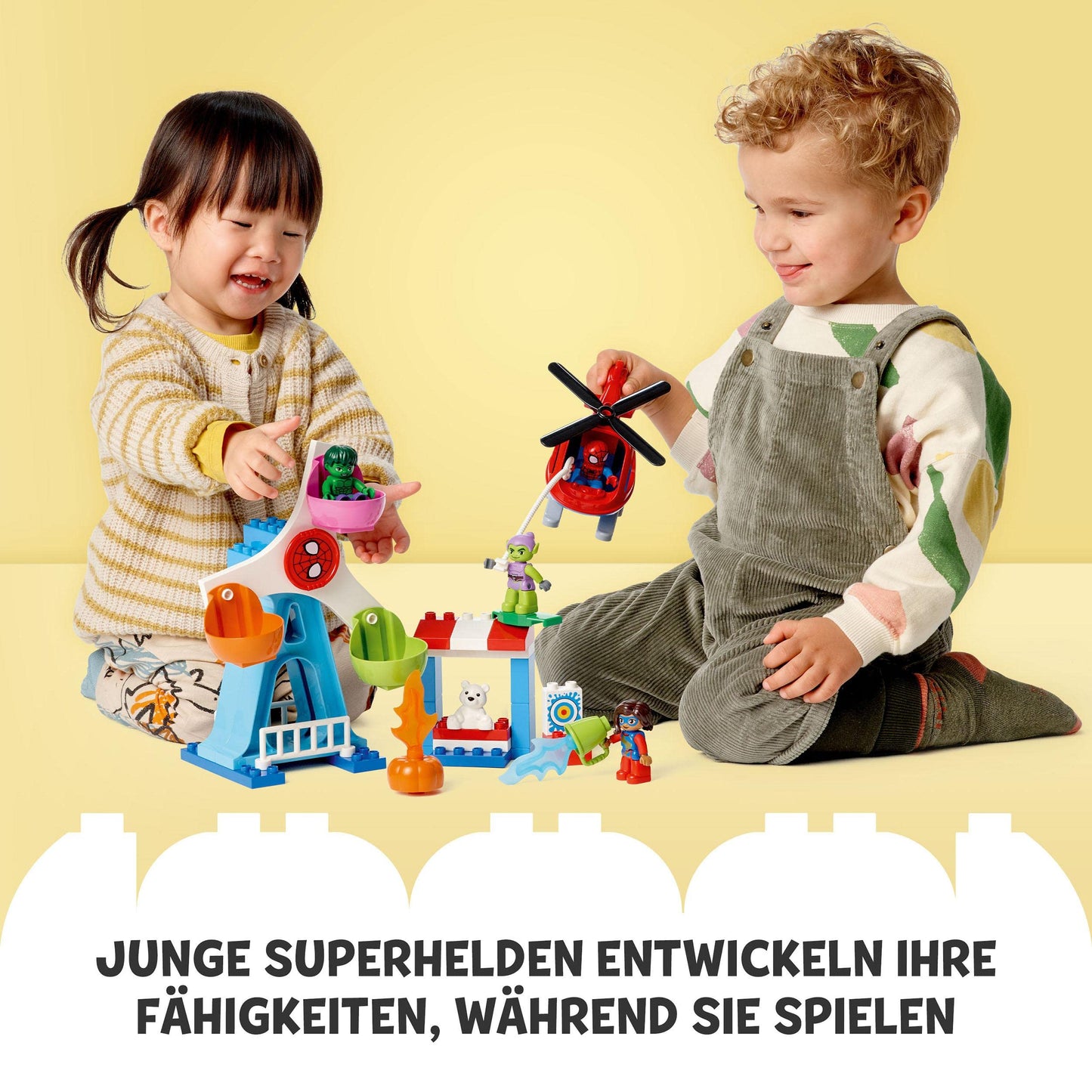 LEGO 10963 DUPLO Marvel Spider-Man & Friends: Fairground Adventure, amusement park with toy helicopter, Hulk and Green Goblin figures, for ages 2 and up.