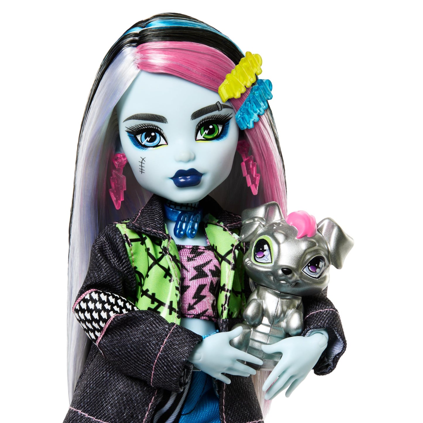 Monster High Frankie Stein doll in denim jacket and shorts, includes her dog Watzie and accessories like a backpack, snack, and notebook. HXH73.