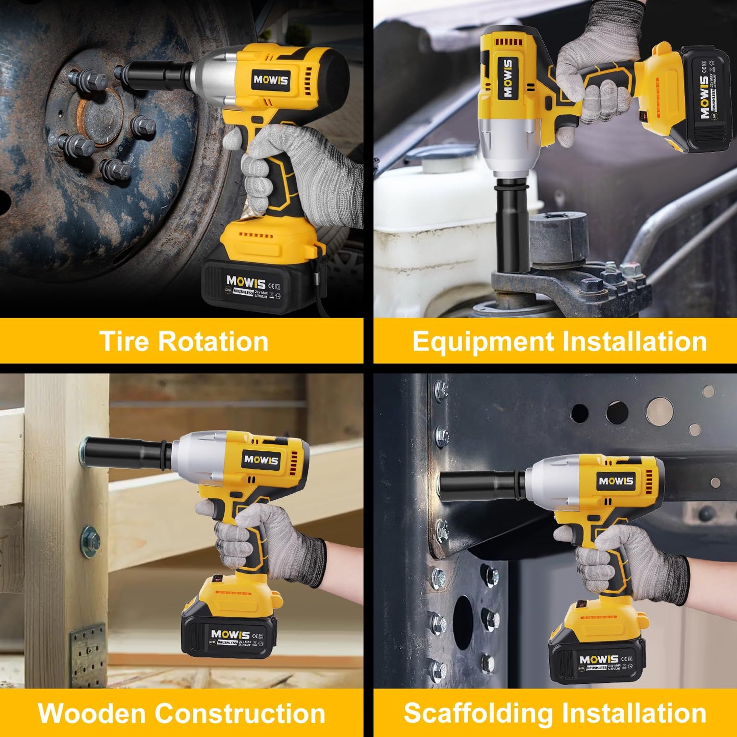 Mowis 700N.m professional 21V cordless impact wrench with 4.0Ah battery, 4800 RPM brushless motor, 3 variable speeds, 4 sockets for automotive and household use.
