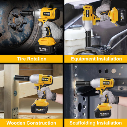 Mowis 700N.m professional 21V cordless impact wrench with 4.0Ah battery, 4800 RPM brushless motor, 3 variable speeds, 4 sockets for automotive and household use.