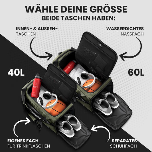 Sports bag with backpack function, shoe compartment, wet compartment | 40/60L travel bag swim bag fitness bag sport gym fitness shoulder bag carry-on weekender bag travel bag men women