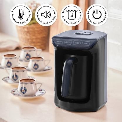 KARACA Hatır Roast Turkish Coffee Maker, Shiny Black, 5 cup capacity, lots of foam, 535W, voice warning system, light warning system, measuring spoon, easy cleaning.