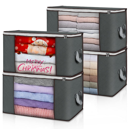 Budding Joy 4 Piece 90 L Storage Bags, Large Storage Boxes with Lid, Moving Boxes, Foldable Underbed Storage Box for Clothing, Comforters, and Bedding, Clothing Storage Boxes (Gray)