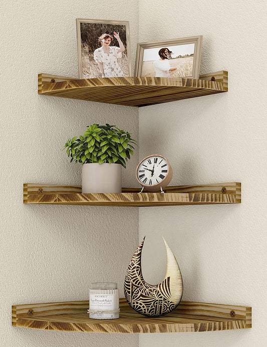 Petrala corner shelf hanging wall shelf wood 3-piece set Vintage Floating Shelves Rustic corner shelves for the wall Bookshelf with round end floating shelf for bathroom kitchen bedroom living room