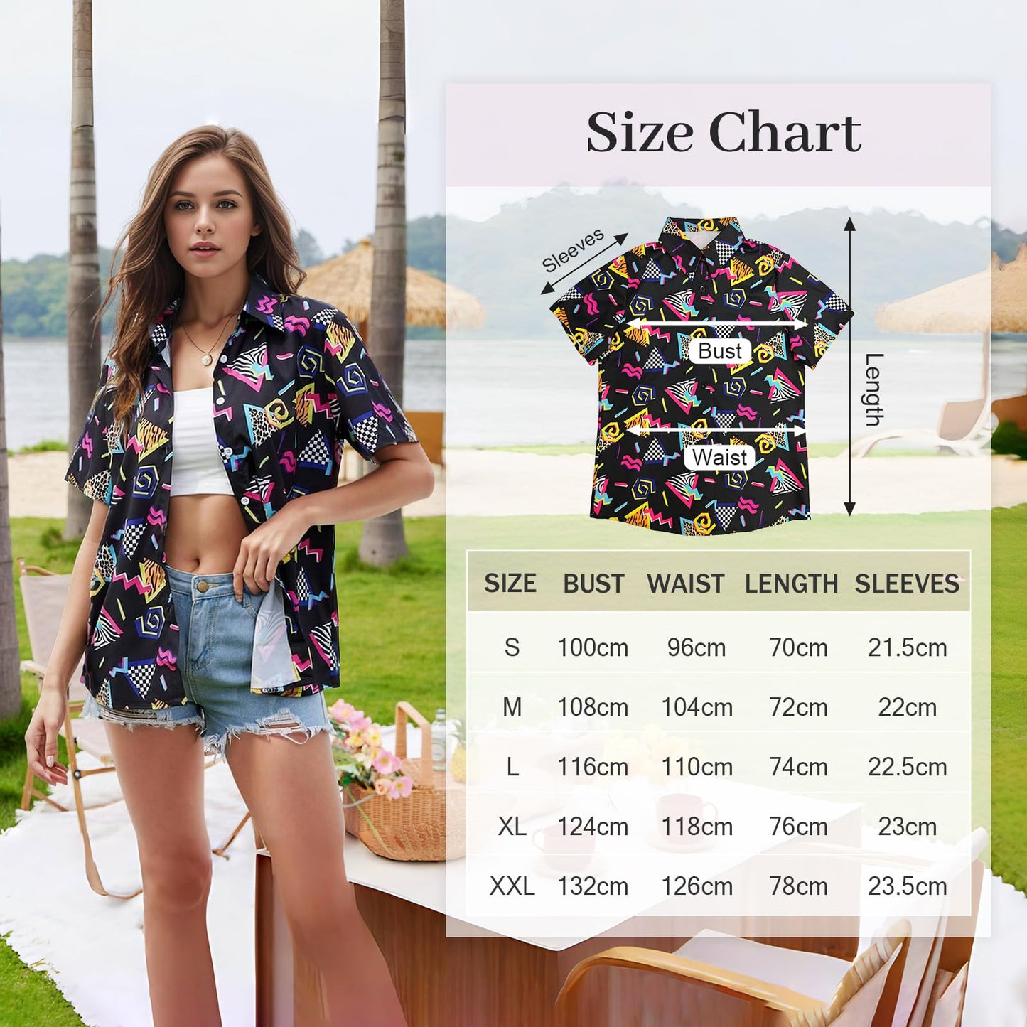 Hippie tops women Hawaii outfit blouse costume set Flower Power 80s shirt women 90s vintage shirt 70s clothing casual retro tops carnival costume (80s-Black, XL)