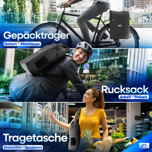NEXTCOVER® NEW 3in1 bike bag for luggage rack [PVC free] - luggage rack bag, bike bag backpack and shoulder bag 25L I bike bag waterproof, bike bags luggage rack (black-gray)