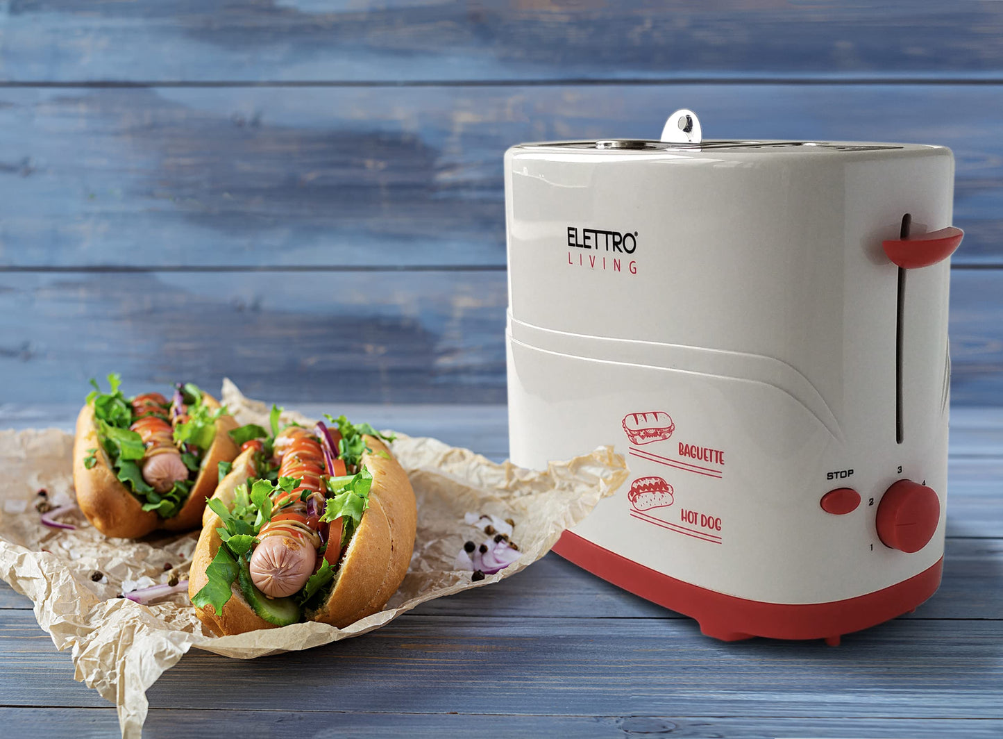 Elettro Living Poldo Elettroliving Baguette and hotdog machine with sausages and bread, crumb tray and non-slip feet, perfect for gifts, parties, and gatherings.